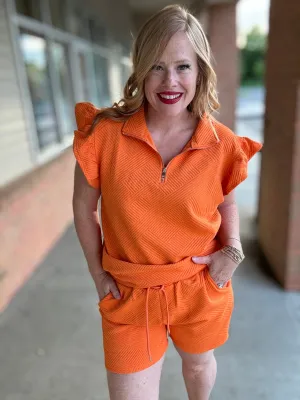Golden Isle Texture Flounce Sleeve Top and Drawstring Shorts Set